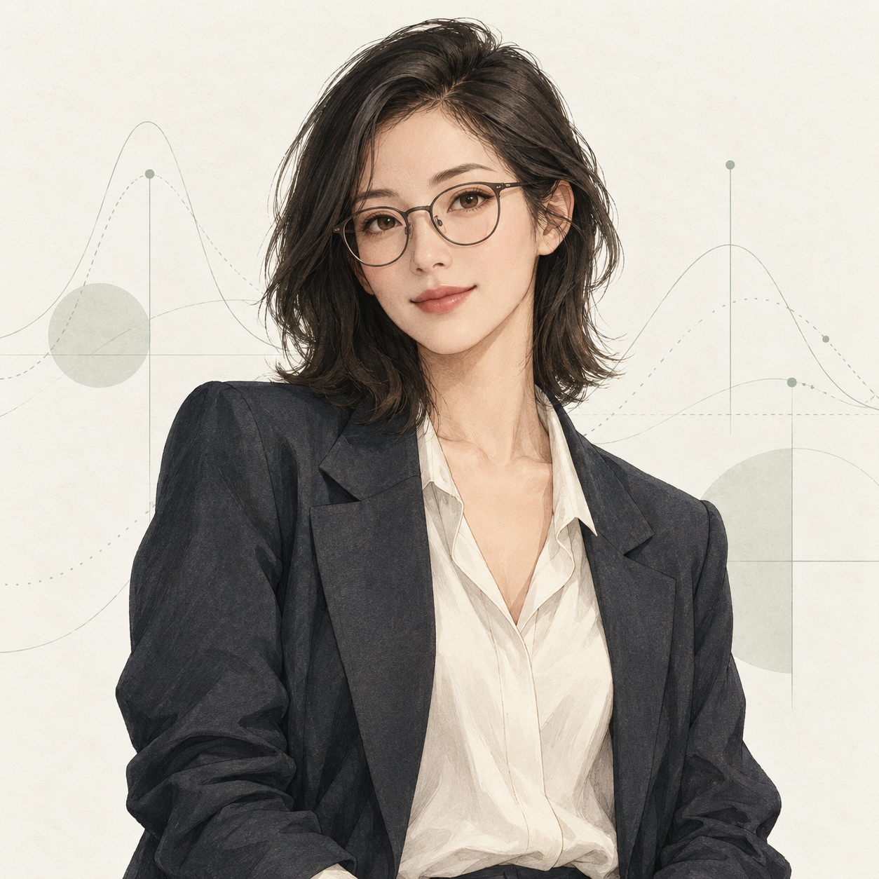Illustrated female founder Tian He, wearing glasses and a charcoal blazer