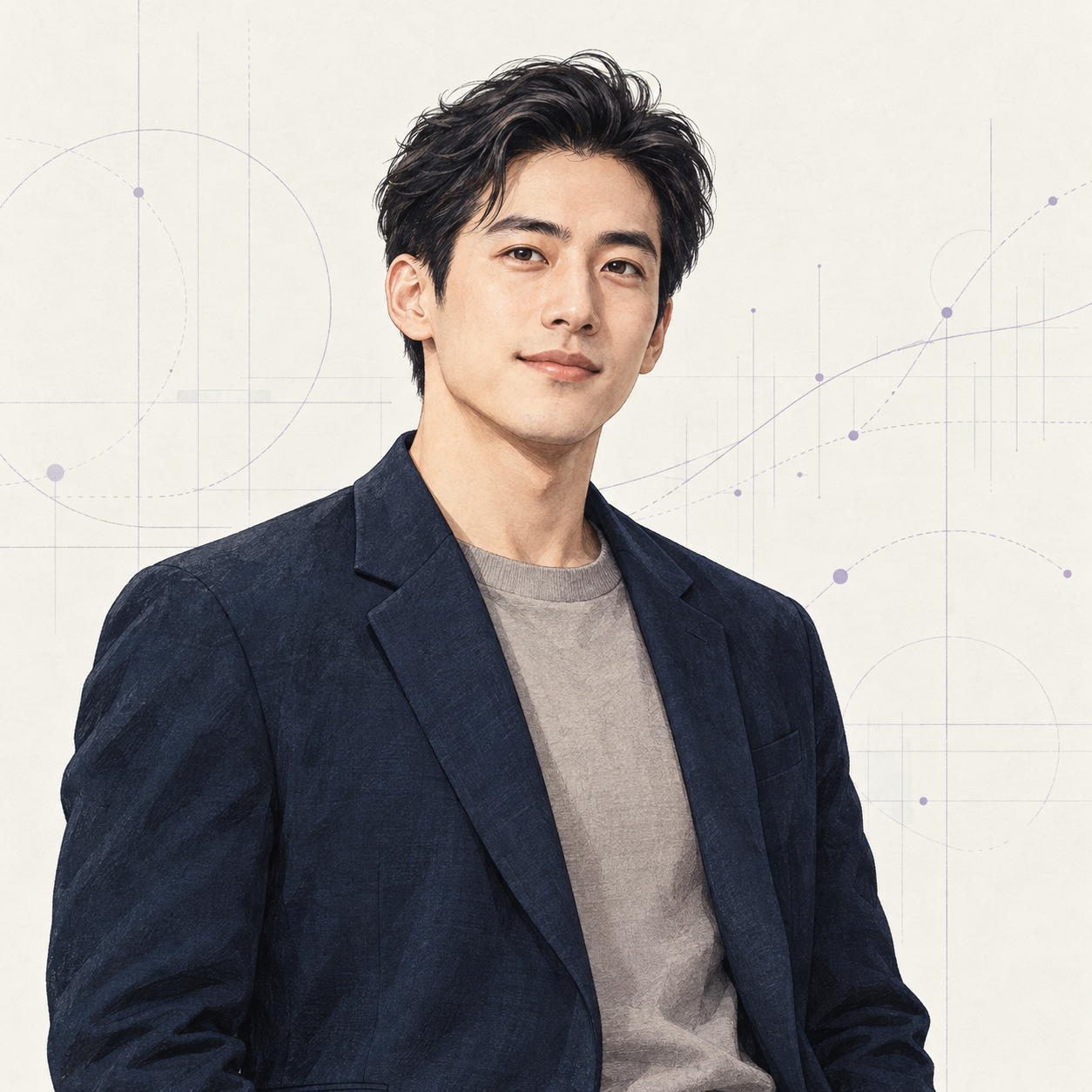 Illustrated founder Yonghao Yang in a navy jacket against a geometric backdrop